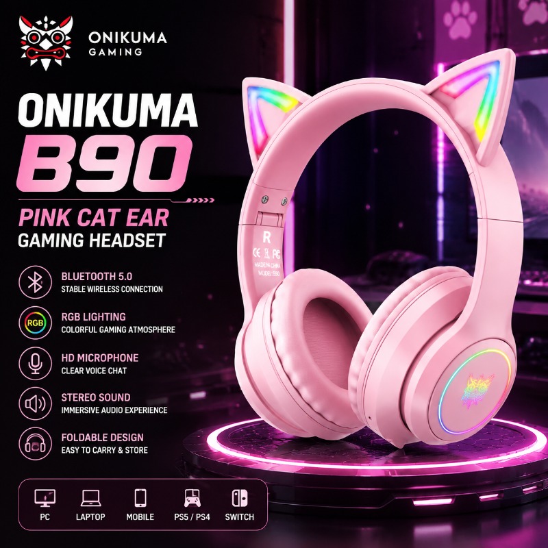 Onikuma B90 Pink Cat Ear Gamin - Pc Gaming Apple ulasan dan harga